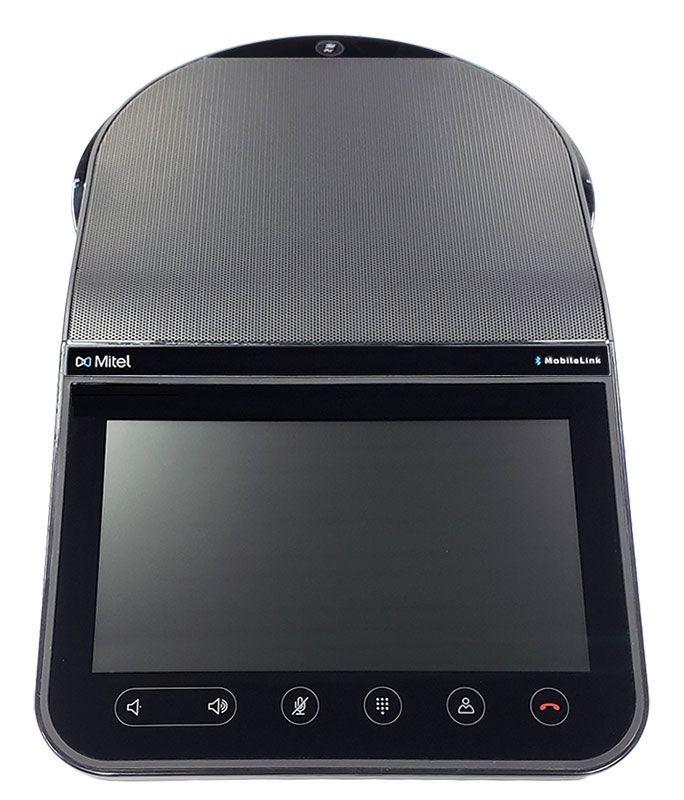 IP conference phone with a 7-inch (800x480) color touchscreen, an 8-microphone beam-forming array with a 16 ft pickup range, Bluetooth 4.1, two USB ports, and PoE power. Supports up to 4-party HD voice conferencing and one-touch meeting join; suited to medium-to-large conference rooms.