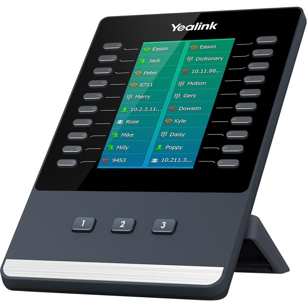 Key expansion module for Yealink T5 Series IP phones (T53/T54W/T57W/T58A/VP59/MP56/MP58). 4.3" color touchscreen (272x480), 20 physical keys per page across 3 pages (up to 60 programmable BLF/speed-dial/transfer keys), USB-connected, up to 3 modules per phone for 180 keys.
