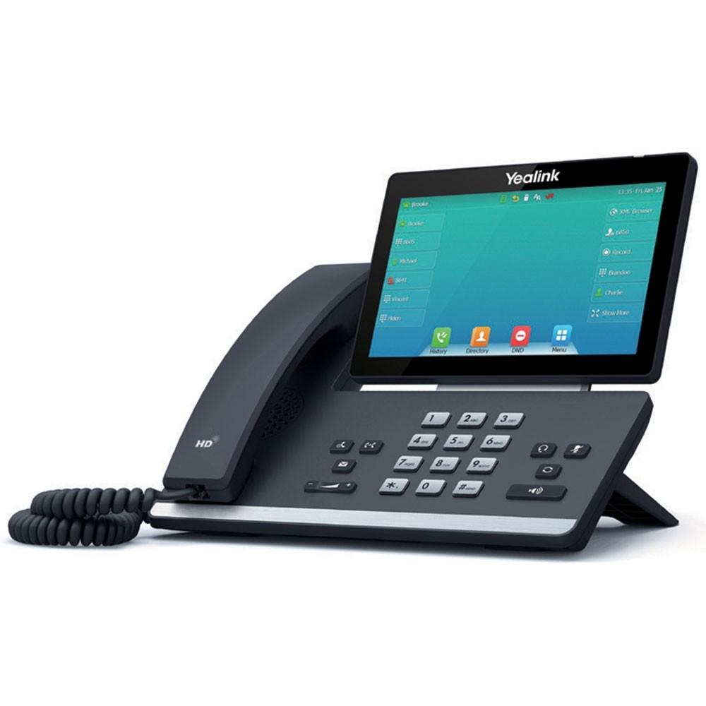 Prime business IP phone with 7" adjustable touchscreen, up to 16 SIP accounts, dual-band 2.4G/5G WiFi, Bluetooth 4.2, dual Gigabit Ethernet, PoE (802.3af). This bundle pairs the T57W handset with a 5V/2A power supply for AC-outlet operation without PoE.