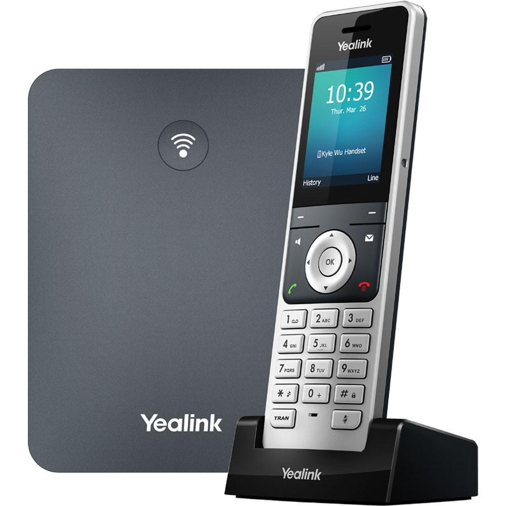 Yealink W76P DECT IP phone system pairs the W56H handset with the W70B base station. Supports up to 10 SIP accounts, 20 simultaneous calls, and 10 handsets. Opus codec, noise reduction, TLS/SRTP encryption; up to 30 hours talk time, 50m indoor/300m outdoor DECT range.