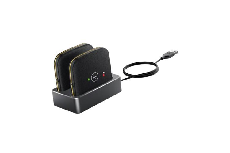 Two-pack wireless DECT expansion microphones for the Yealink CP965 conference phone. Each mic has a 3-mic array with 10-ft 360° pickup, up to 20m range from the base, 1500mAh battery for ~13h talk/11-day standby, and a shared nondirectional charging cradle.