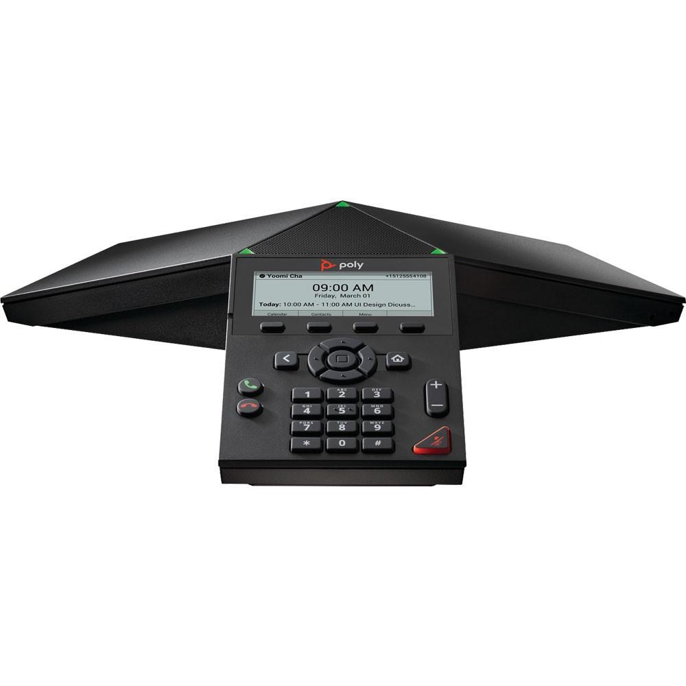 Poly Trio 8300 SIP conference phone for small meeting and huddle rooms, with Gigabit Ethernet PoE, Wi-Fi 802.11n, Bluetooth 5.0, and a 3-microphone array delivering 360-degree HD audio up to 12 feet.
