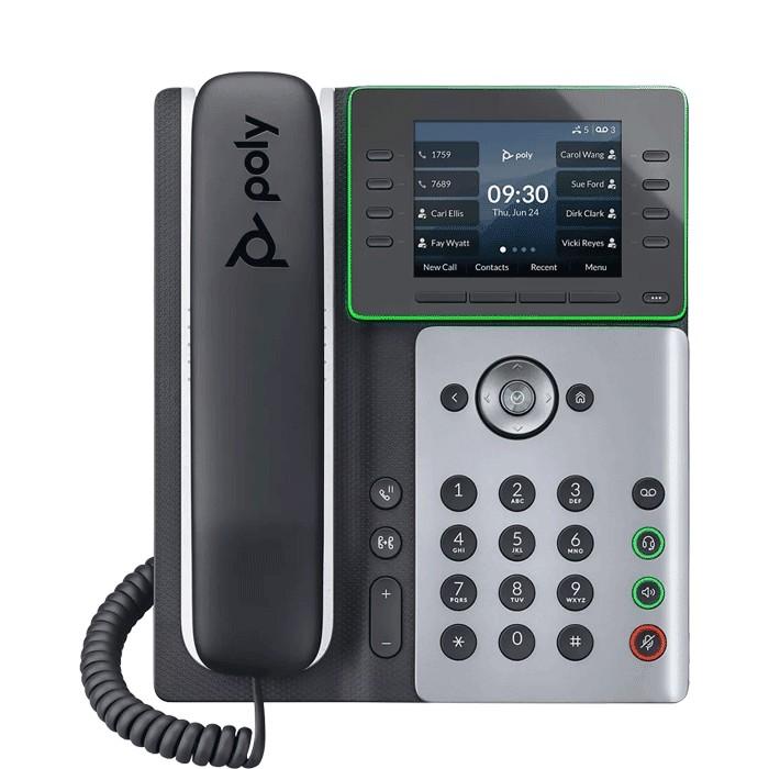 Poly Edge E300 corded IP desk phone with 8 line keys managing up to 32 lines/features, 3.5" color IPS display, and Bluetooth 5.0. Dual gigabit PoE network ports; TAA compliant. Poly NoiseBlockAI and Acoustic Fence noise reduction, built for hot-desking and home offices.