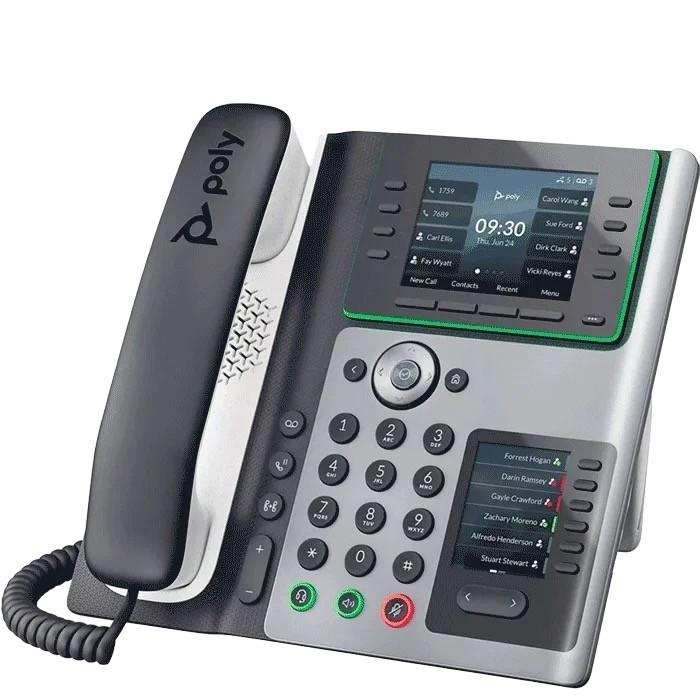 Poly Edge E450 corded IP desk phone with Wi-Fi, Bluetooth, and 8 line keys supporting up to 32 lines. Dual gigabit PoE network ports, 3.5" LCD, Poly HD Voice, and antimicrobial protection. Zoom and Metaswitch certified for hot-desking and home offices.