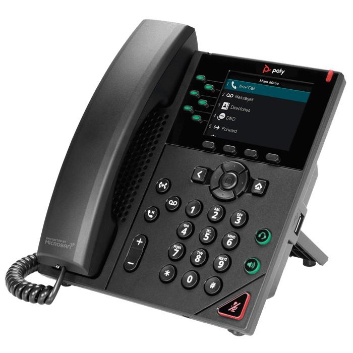 Poly VVX 350 OBi Edition 6-line business IP desk phone with a 3.5-inch color LCD, dual PoE-enabled Gigabit Ethernet ports, Poly HD Voice, and Acoustic Fence noise reduction; includes power supply.
