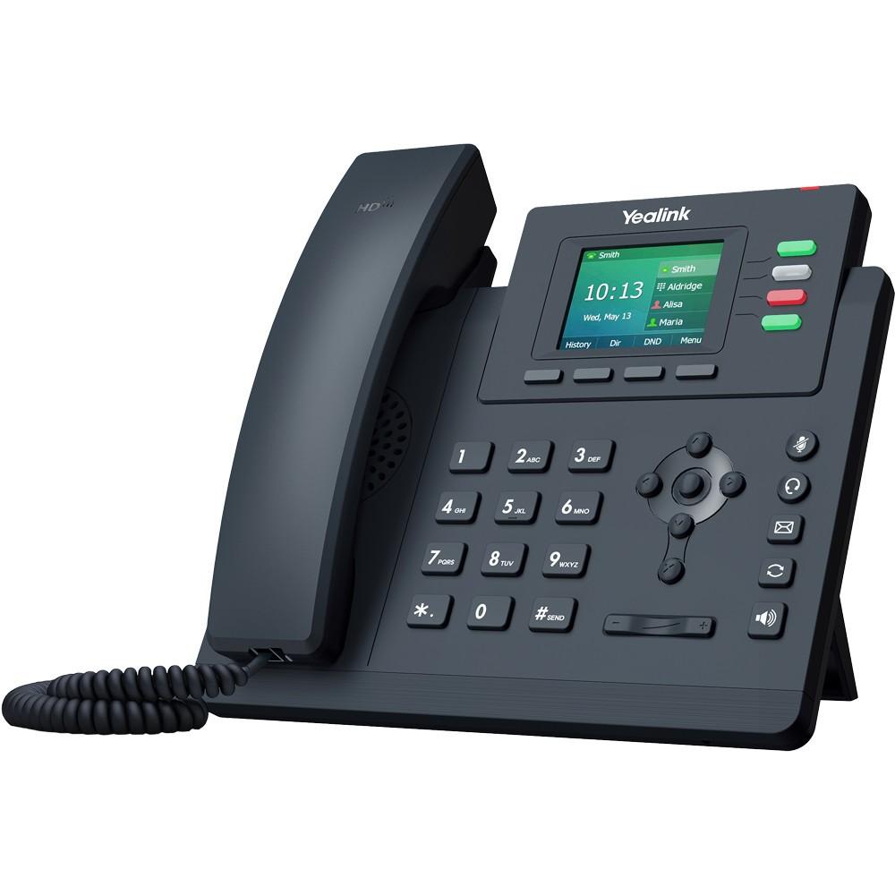 Entry-level business IP phone with 2.4" 320x240 color display, up to 4 SIP accounts, local 5-way conferencing, dual-port Gigabit Ethernet with integrated PoE (802.3af). This bundle pairs the T33G handset with a 5V/0.6A power supply for AC-outlet operation without PoE.