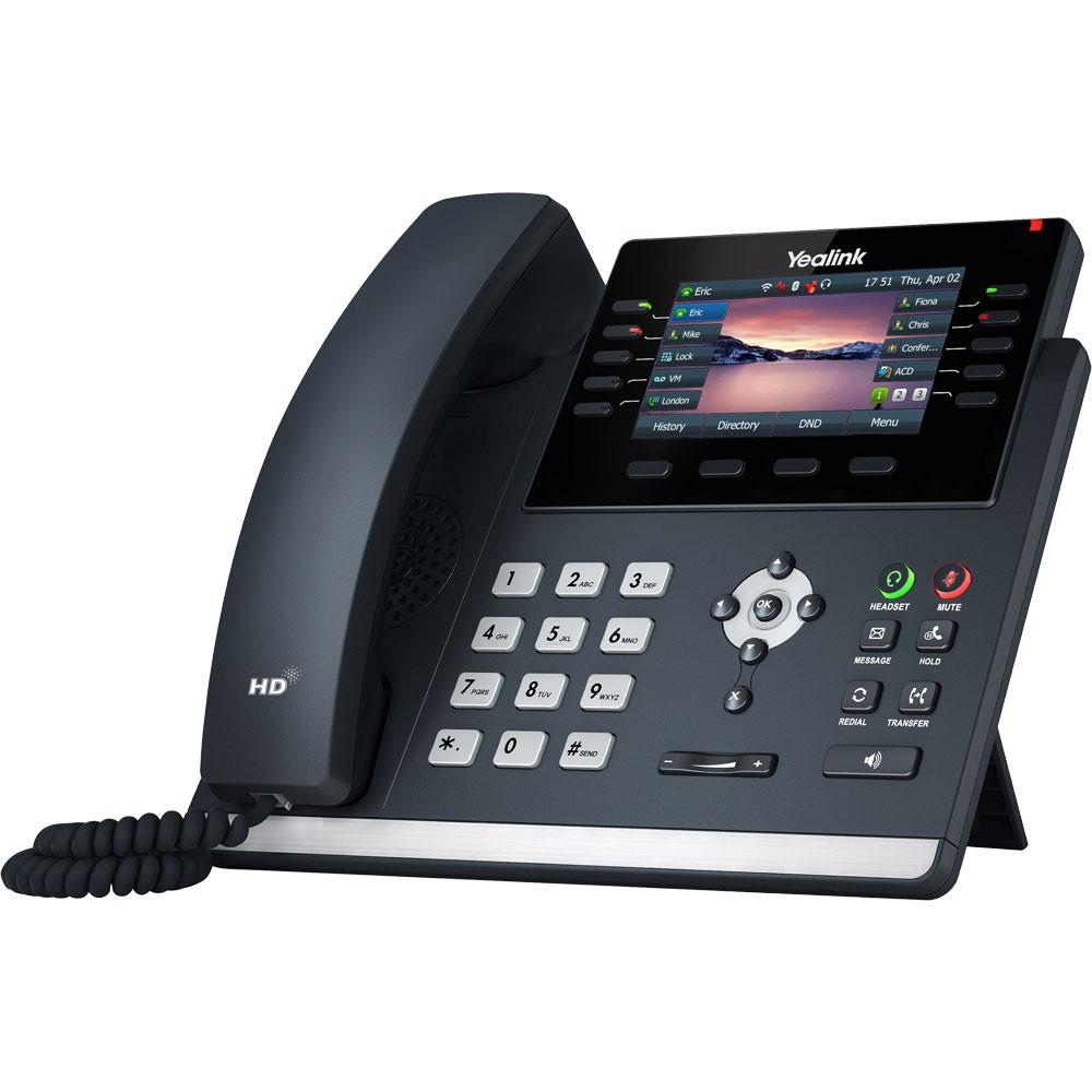 Productivity-enhancing business IP phone with 4.3" color display, up to 16 SIP accounts, dual USB ports for optional WiFi/Bluetooth dongles, dual-port Gigabit Ethernet with PoE (802.3af). This bundle pairs the T46U handset with a 5V/2A power supply for AC-outlet operation without PoE.
